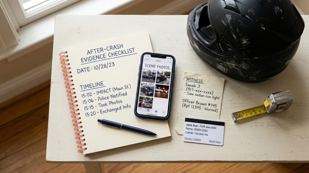 Close-up checklist of evidence to collect after an e-scooter crash