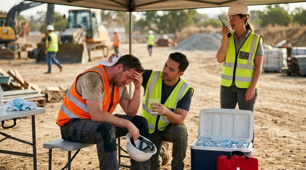 Coworker responding to signs of heat exhaustion at a worksite