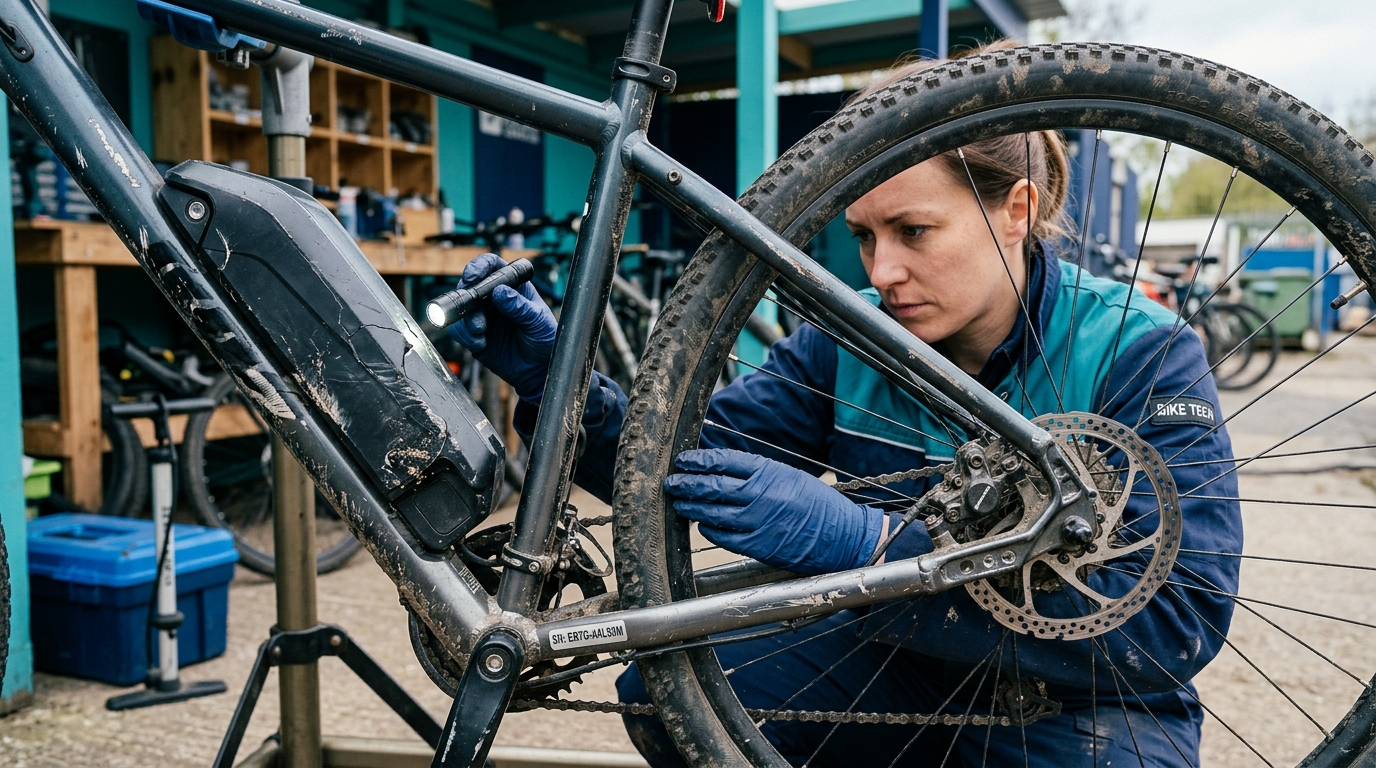Damaged e-bike battery and safety inspection after a collision