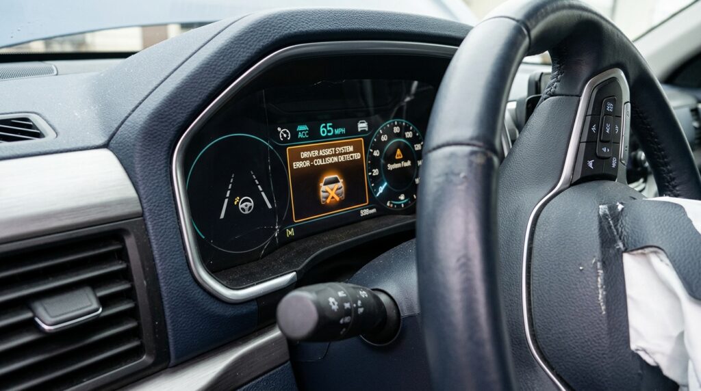 Dashboard showing driver-assistance settings and warning indicators
