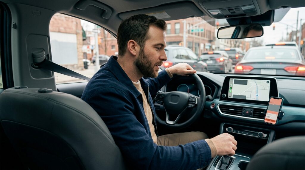 Distracted driver looking toward a smartphone and dashboard touchscreen