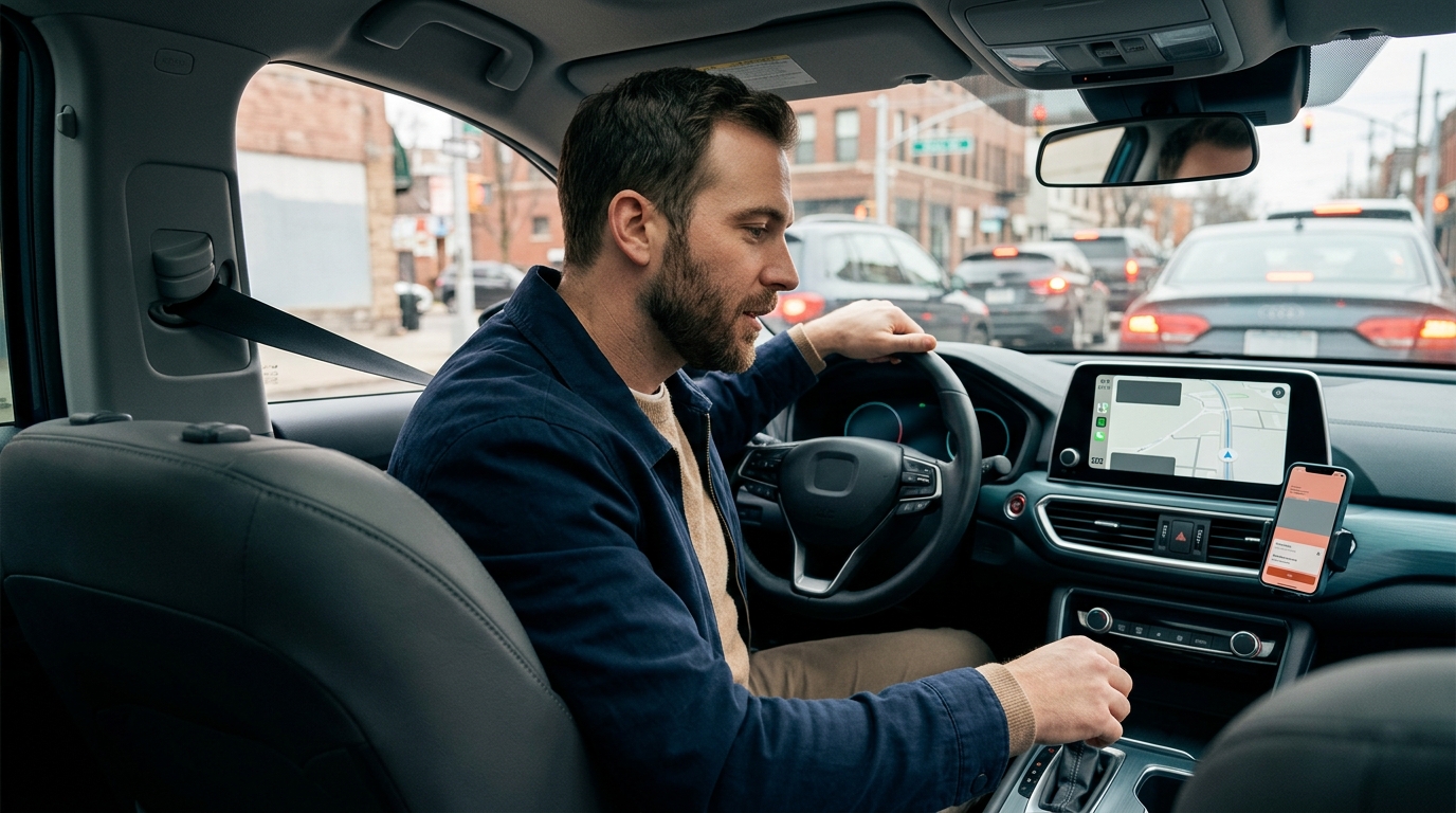 Distracted driver looking toward a smartphone and dashboard touchscreen