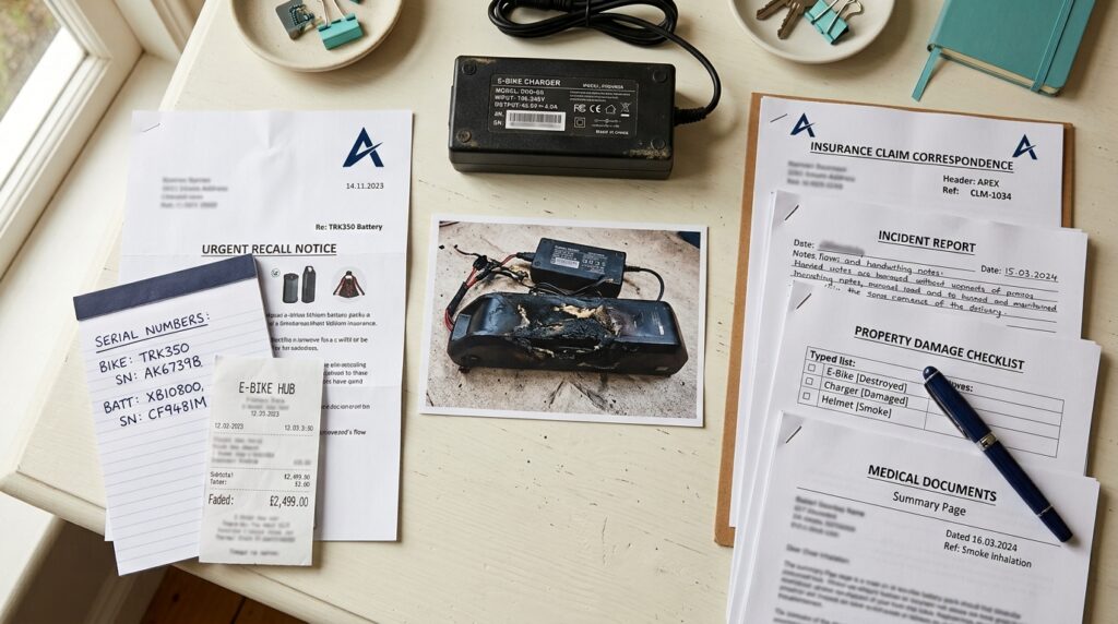 E-bike battery recall and fire incident documentation records