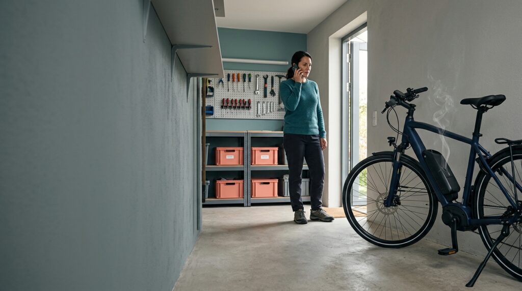 E-bike owner responding safely to an overheating lithium-ion battery