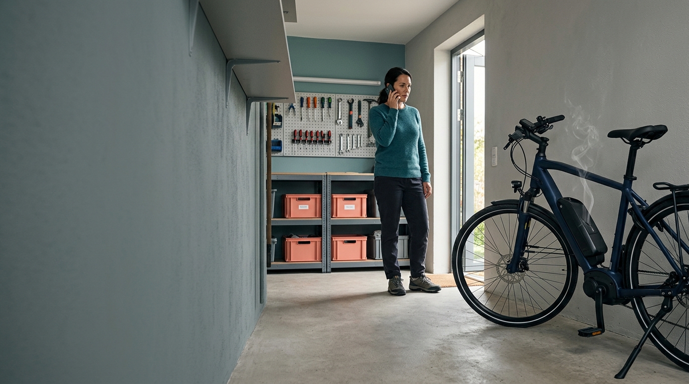 E-bike owner responding safely to an overheating lithium-ion battery