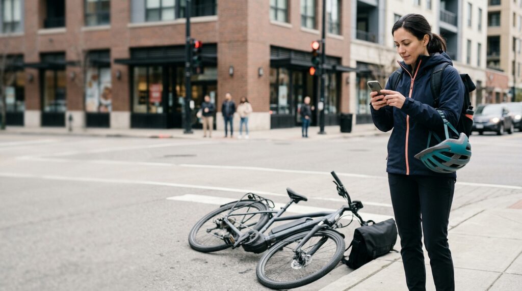 E-bike rider documenting an accident scene beside a damaged electric bicycle