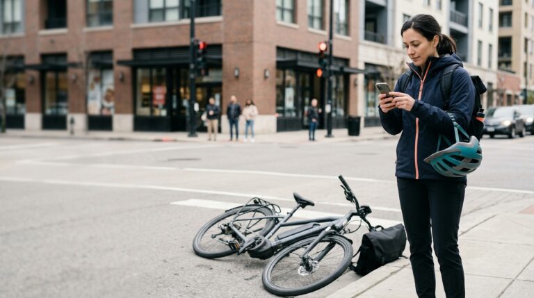 E-bike rider documenting an accident scene beside a damaged electric bicycle