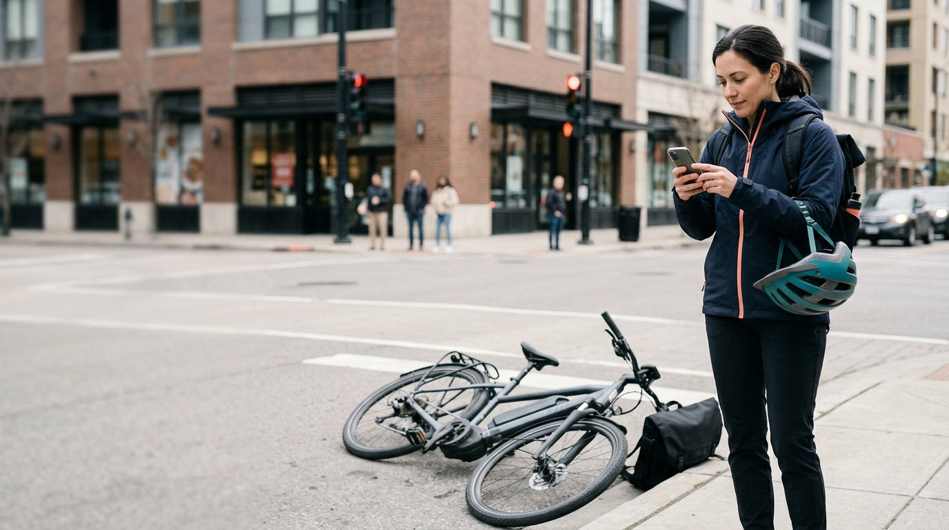E-bike rider documenting an accident scene beside a damaged electric bicycle