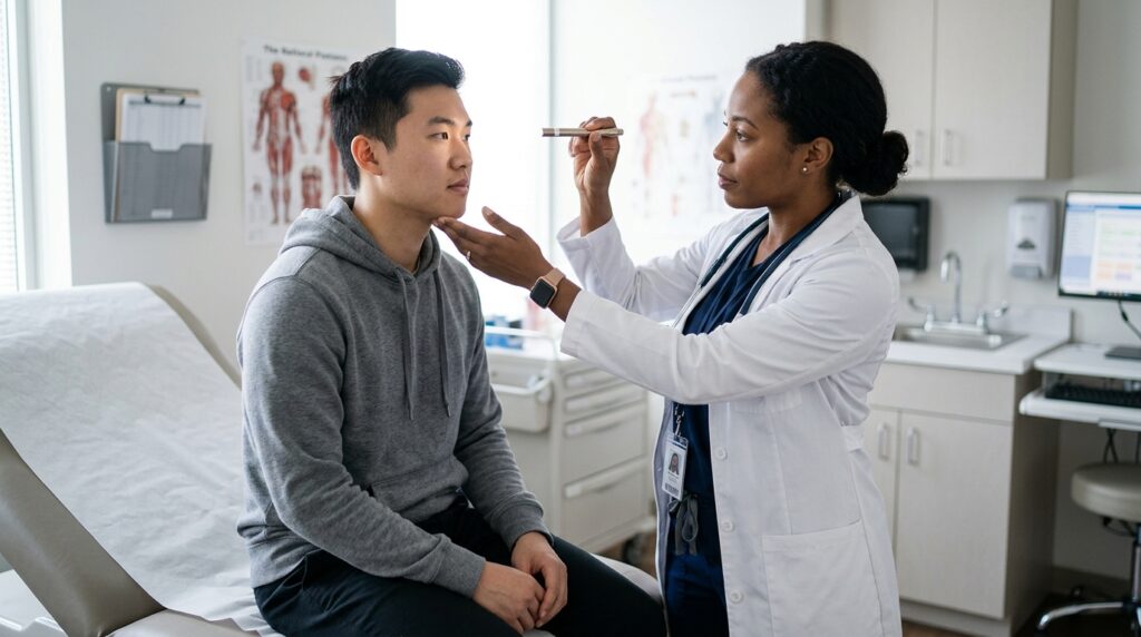 Healthcare professional evaluating a patient for concussion symptoms