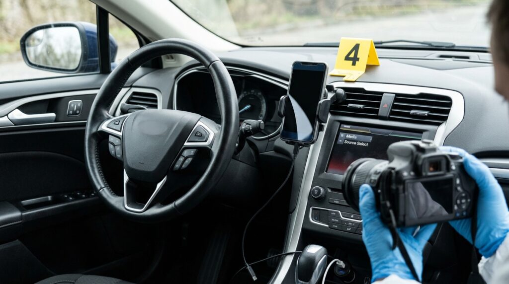 Phone and vehicle touchscreen being documented after a distracted-driving crash