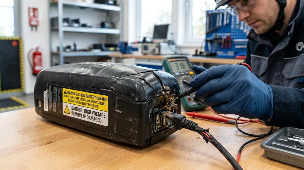 Swollen and damaged e-bike battery showing fire warning signs