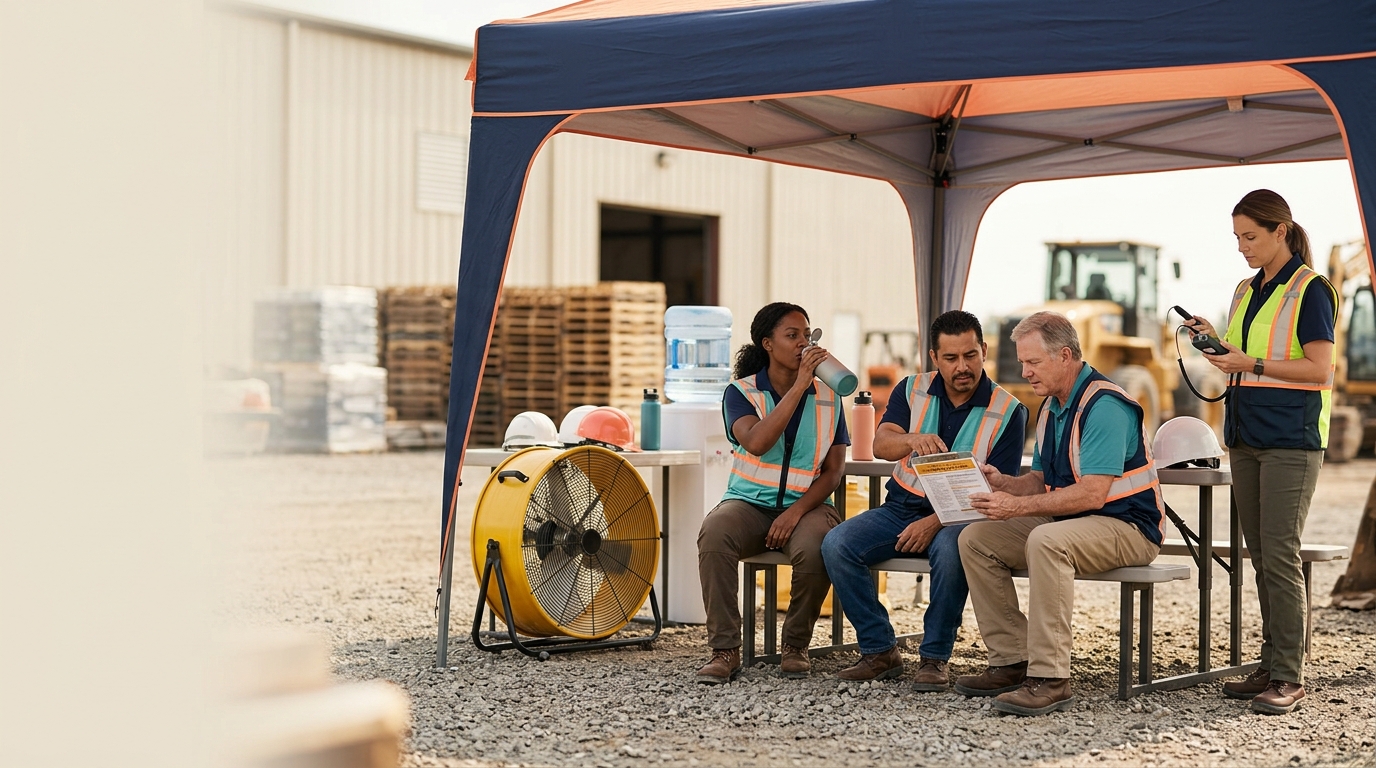 Workers taking a cooling and hydration break to prevent workplace heat illness