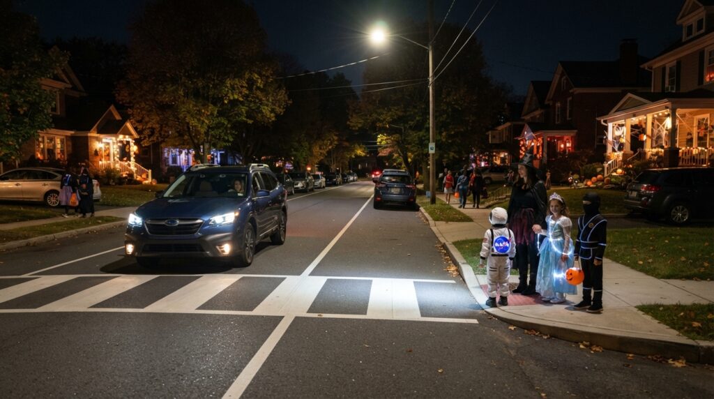 Driver slowing near Halloween pedestrians at a residential crosswalk at night