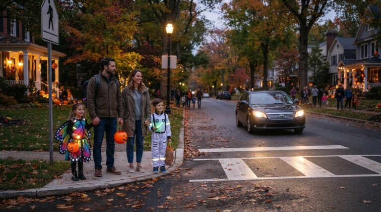 Halloween pedestrian safety 2026 with children waiting safely at a crosswalk after dark